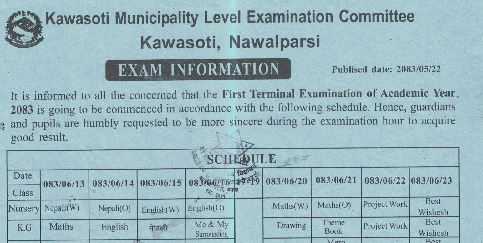 FIRST TERMINAL EXAMINATION ROUTINE (NURSEY TO CLASS 10) -2083