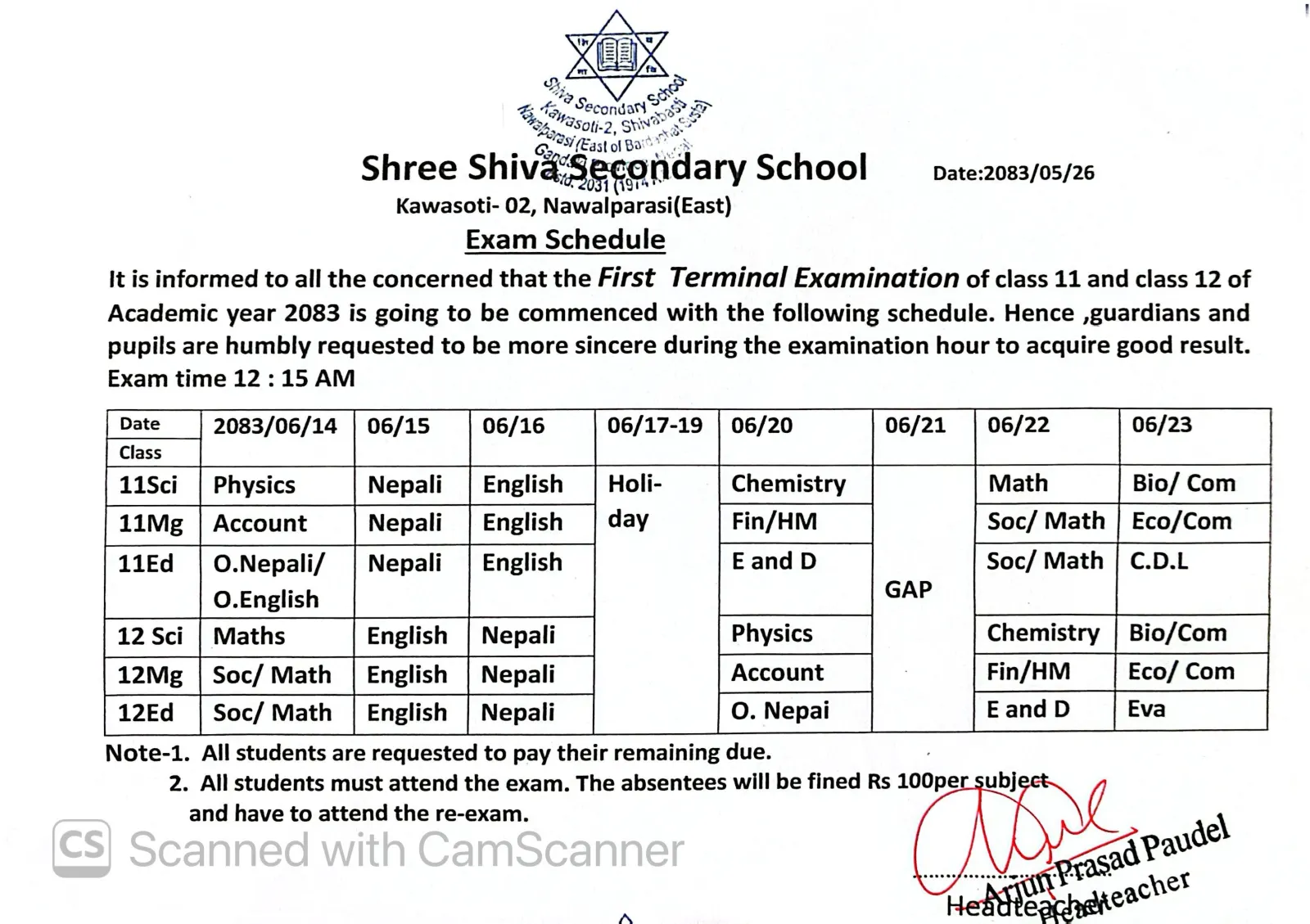 FIRST TERMINAL EXAM ROUTINE FOR CLASS  11 AND 12 -2083